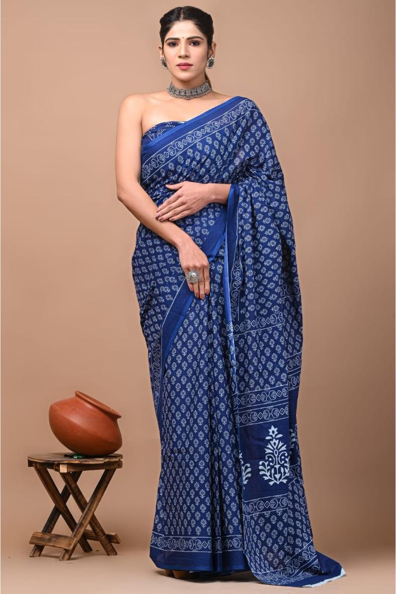Cotton Mulmul Saree - Navy Blue Buti Print Easy Drape (Front View) | BagruPrintCrafts