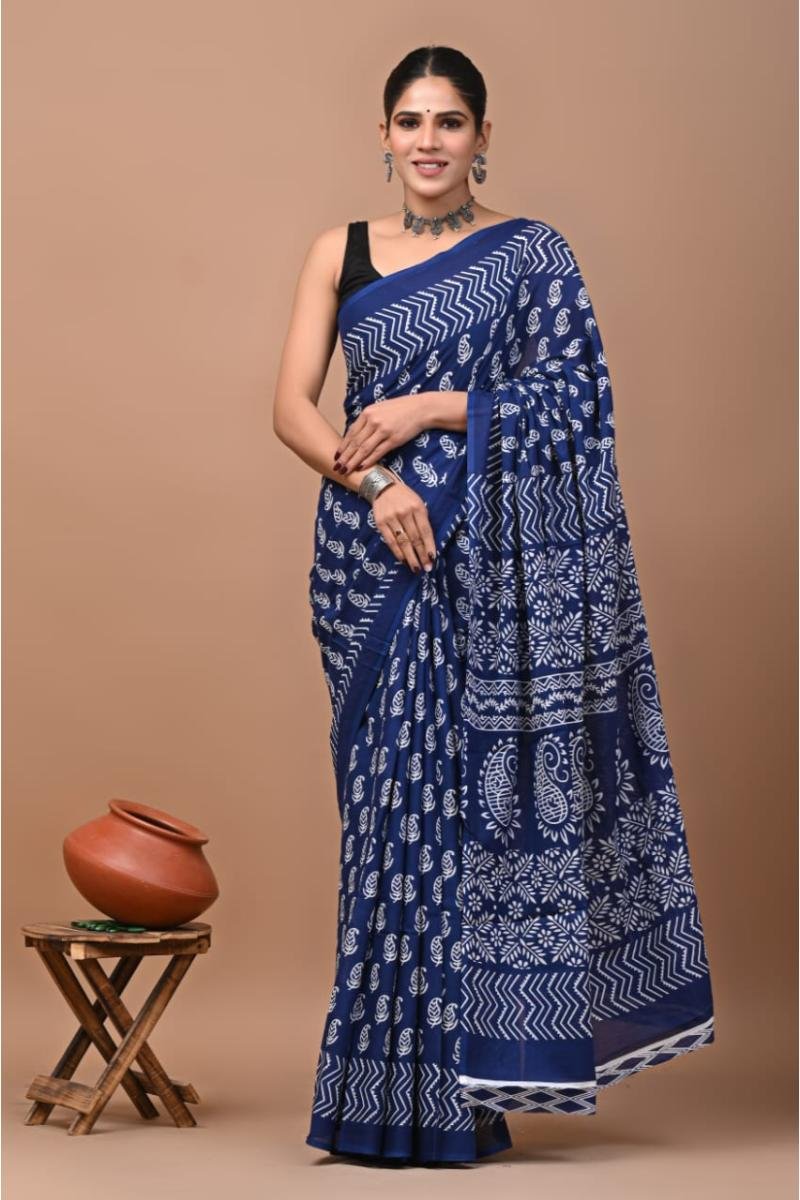 Mulmul Cotton Sarees - Navy Blue Paisley Print Lightweight (Front View) | BagruPrintCrafts