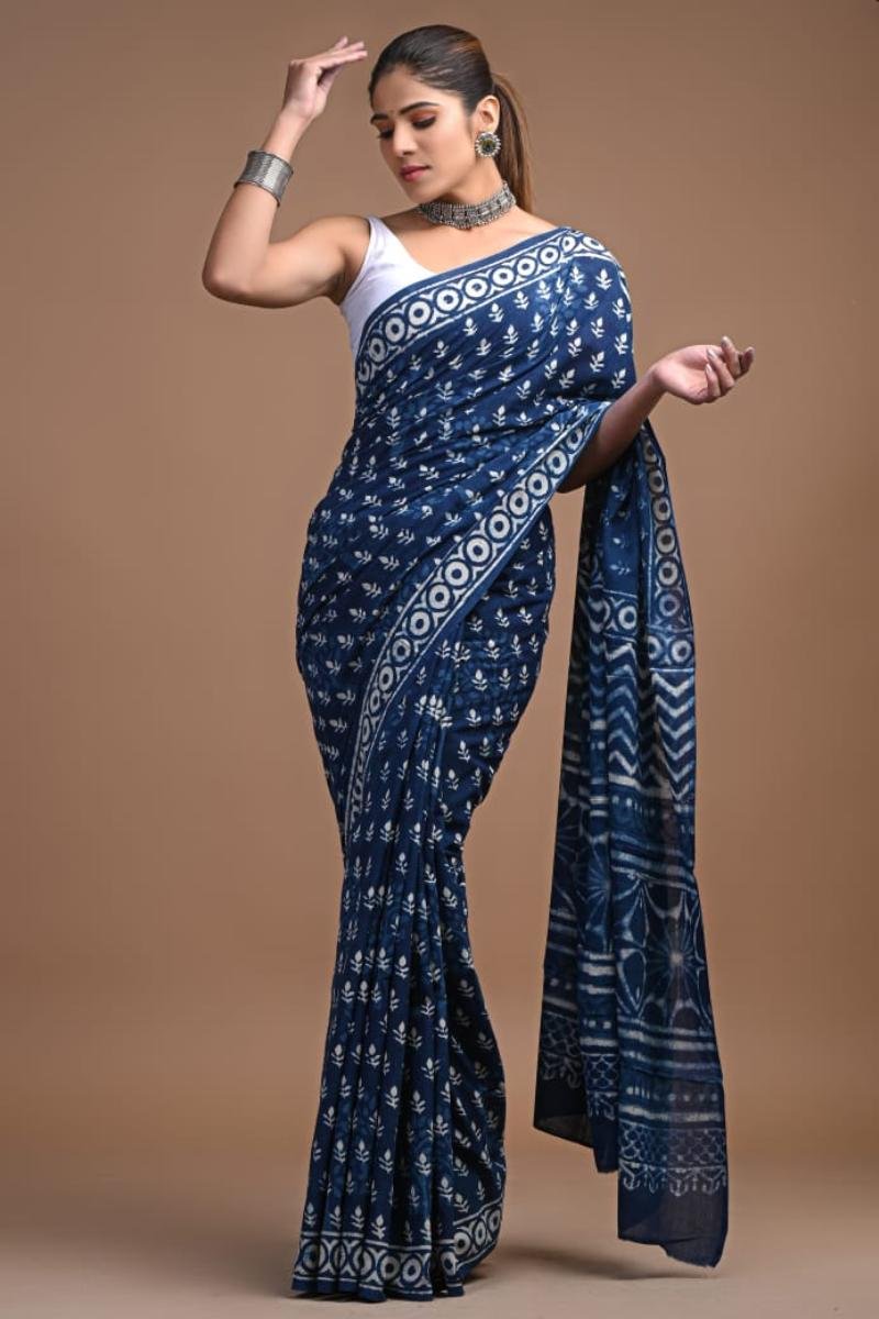 Mulmul Cotton Saree Blue - Indigo Blue Block Print Soft Feel (Front View) | BagruPrintCrafts