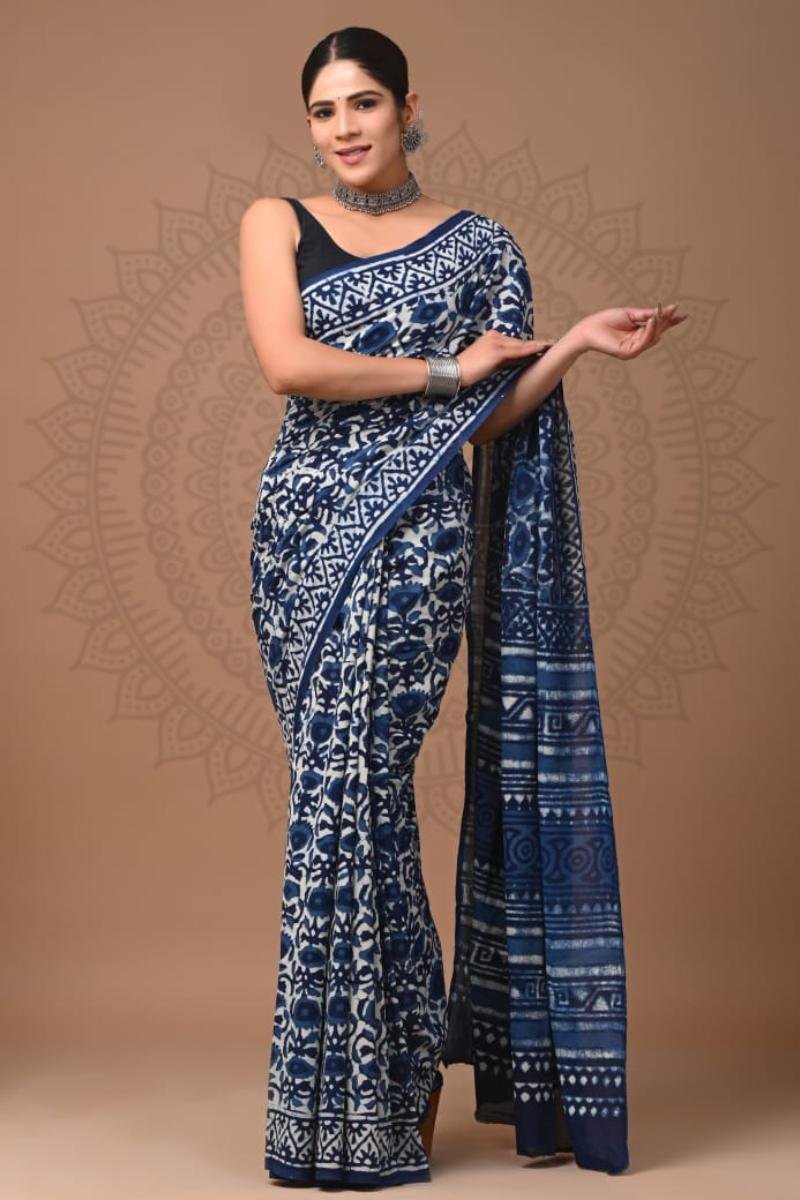 Blue Mulmul Saree - Blue White Floral Block Breathable (Front View) | BagruPrintCrafts