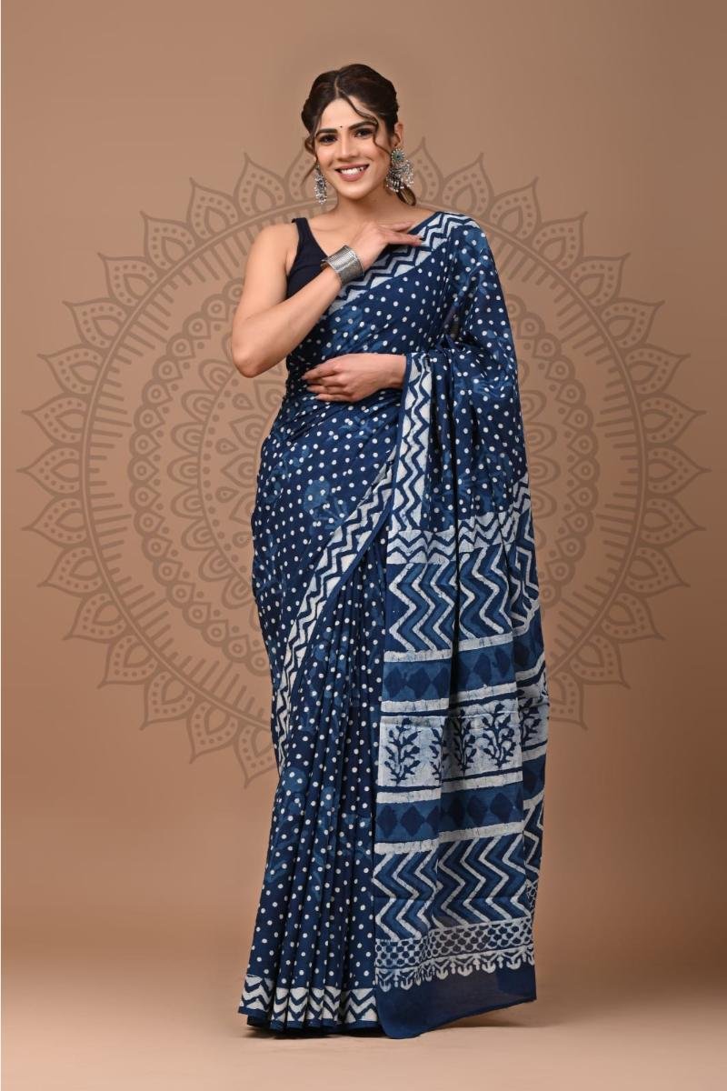 Blue Mulmul Cotton Saree - Indigo Blue Polka Dot Soft Feel (Front View) | BagruPrintCrafts