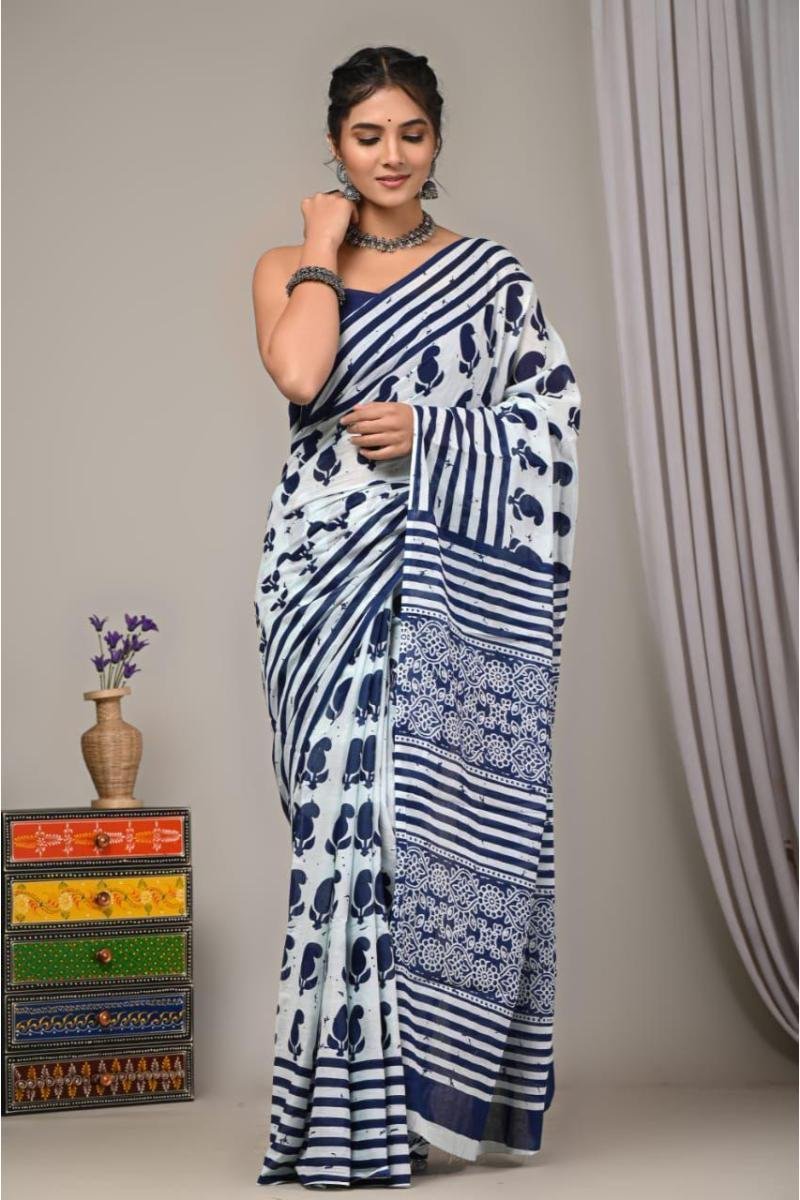 Blue Mul Cotton Saree - Indigo Blue Keri Traditional (Front View) | BagruPrintCrafts