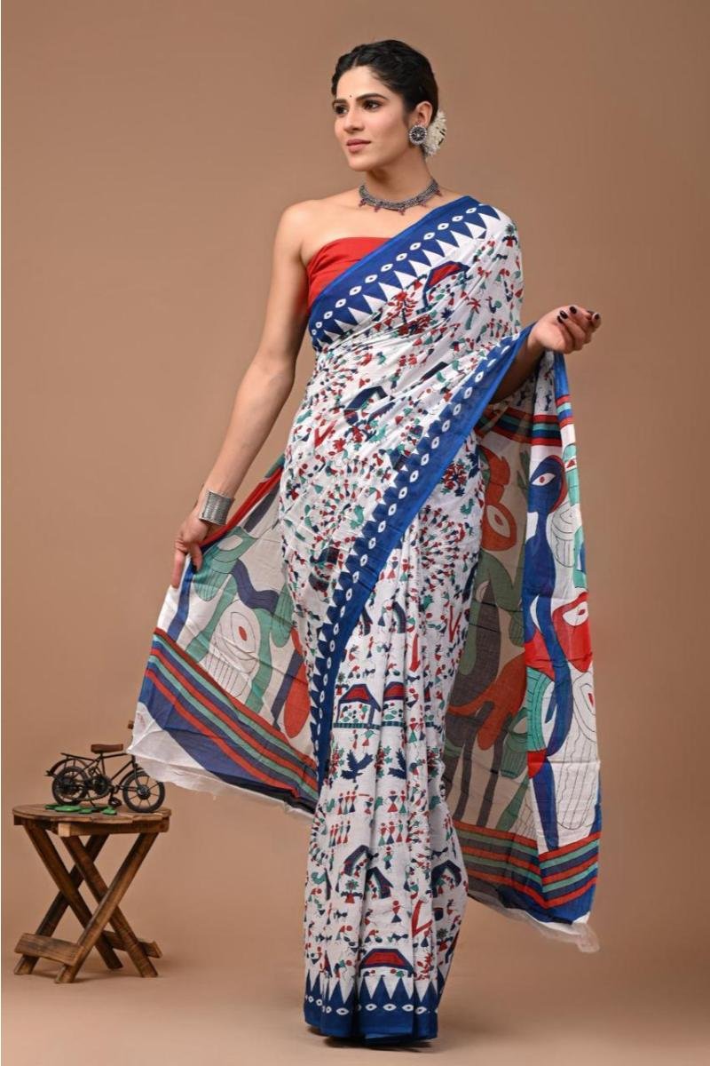 Kalamkari Mulmul Saree - White Blue Kalamkari Print (Front View) | BagruPrintCrafts