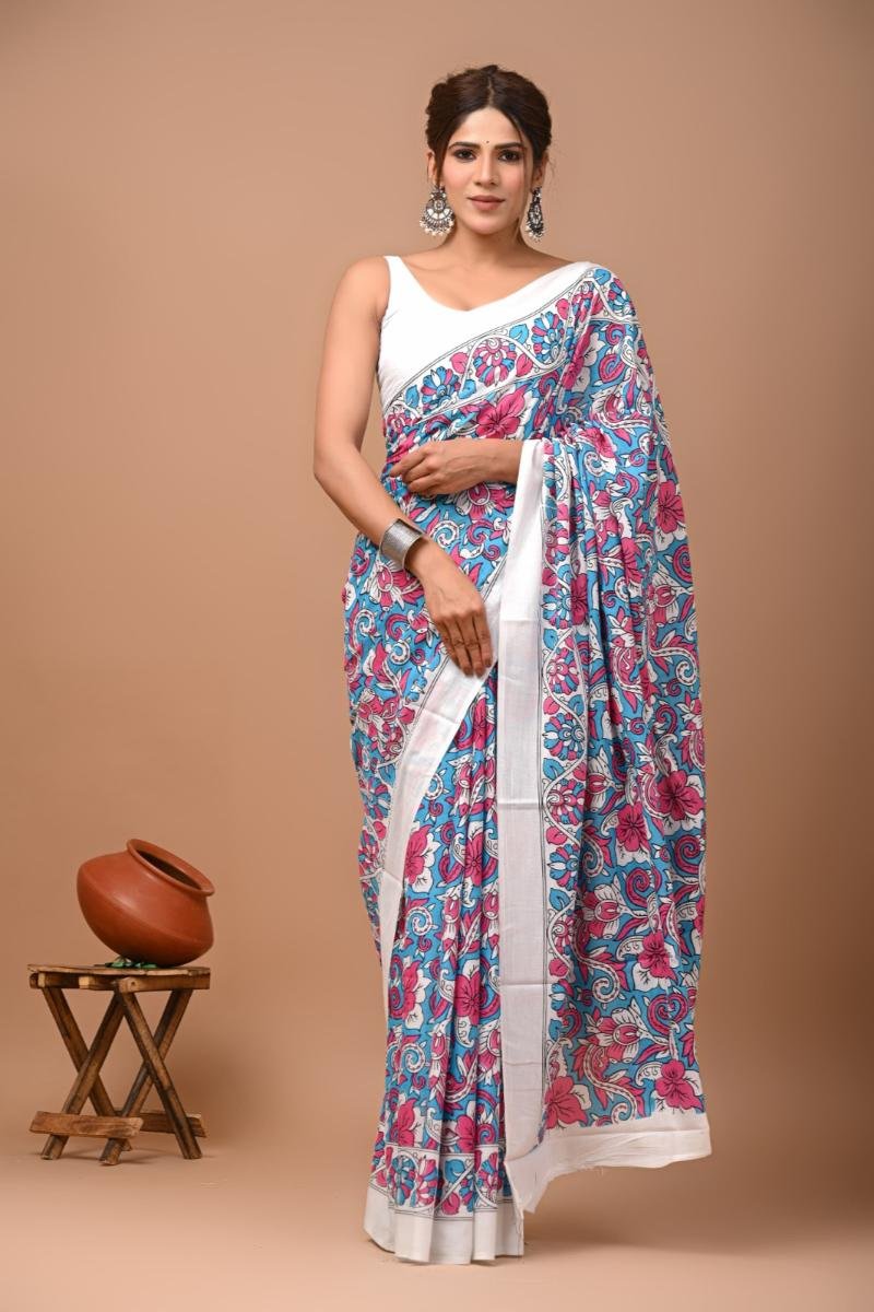 Floral Cotton Sarees - White Blue Floral Print Soft Feel (Front View) | BagruPrintCrafts