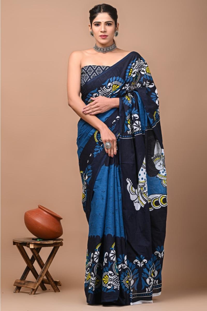 Mulmul Cotton Printed Saree - Navy Blue Kalamkari Print (Front View) | BagruPrintCrafts
