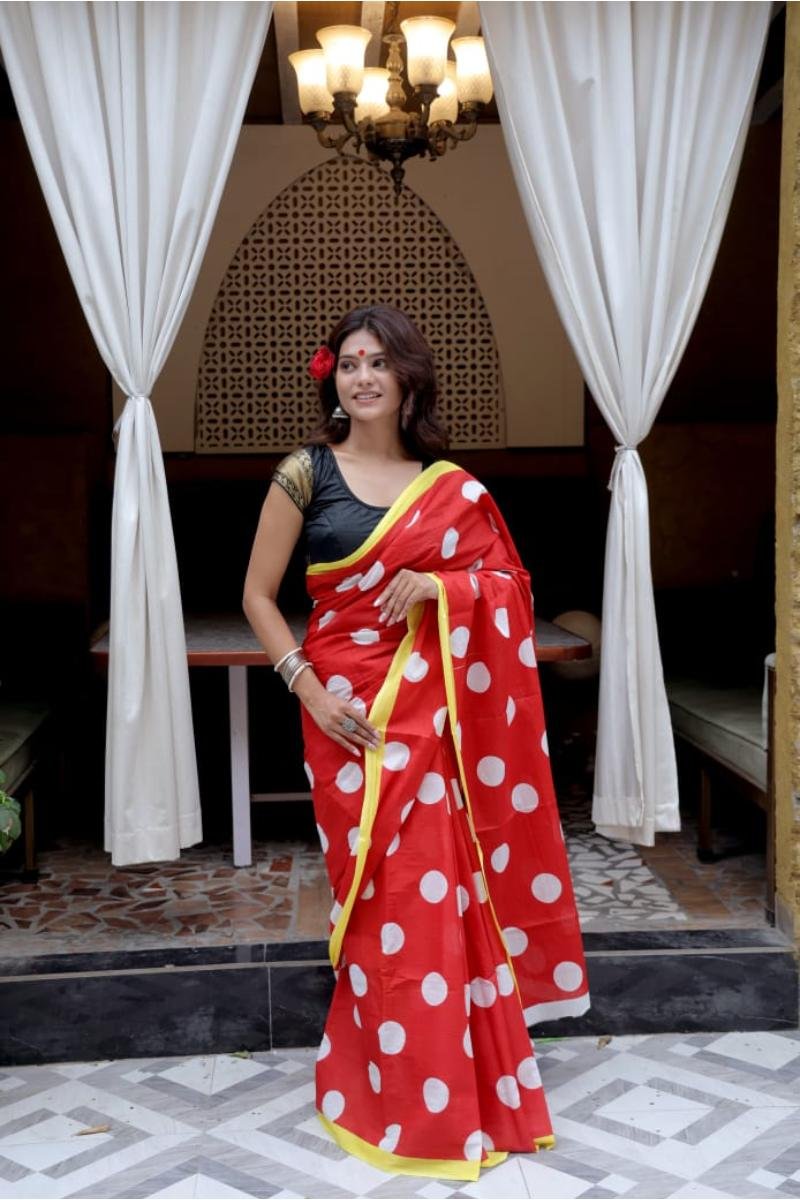 Jaipur Mulmul Cotton Sarees - Red Polka Dots Soft Feel (Front View) | BagruPrintCrafts