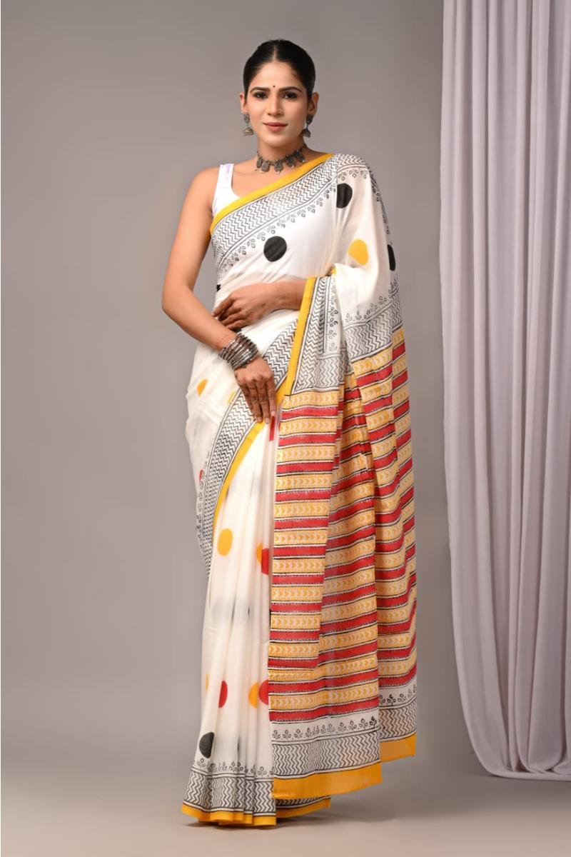 Mul Mul Cotton Sarees New Collection - White Polka Dots (Front View) | BagruPrintCrafts