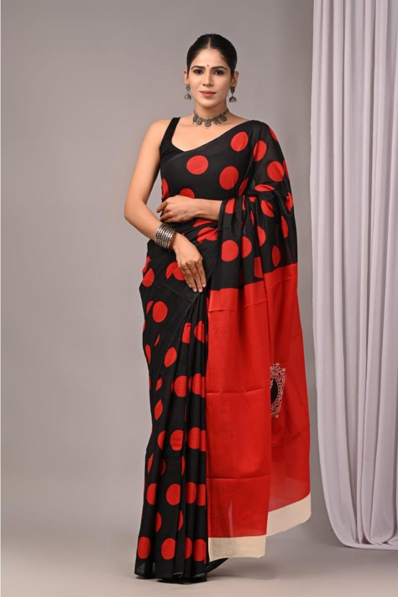Cotton Mulmul Saree - Black Polka Dots Lightweight (Front View) | BagruPrintCrafts