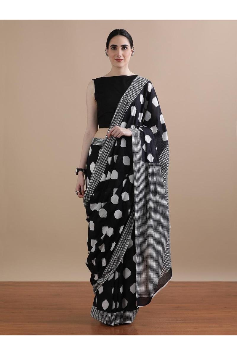 Black Mulmul Saree - Black Polka Dots Lightweight (Front View) | BagruPrintCrafts