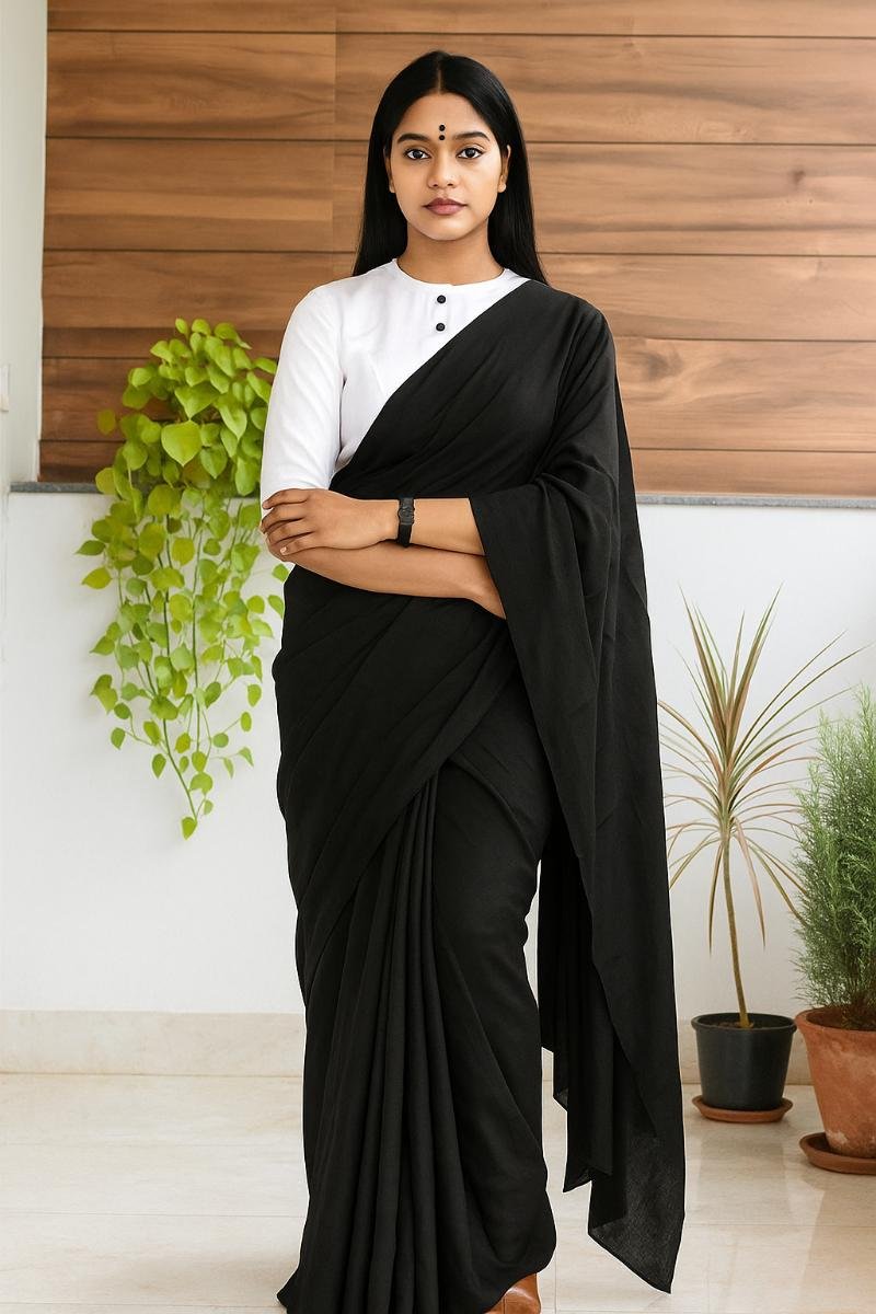 Black Mulmul Cotton Saree - Black Solid Plain Lightweight (Front View) | BagruPrintCrafts