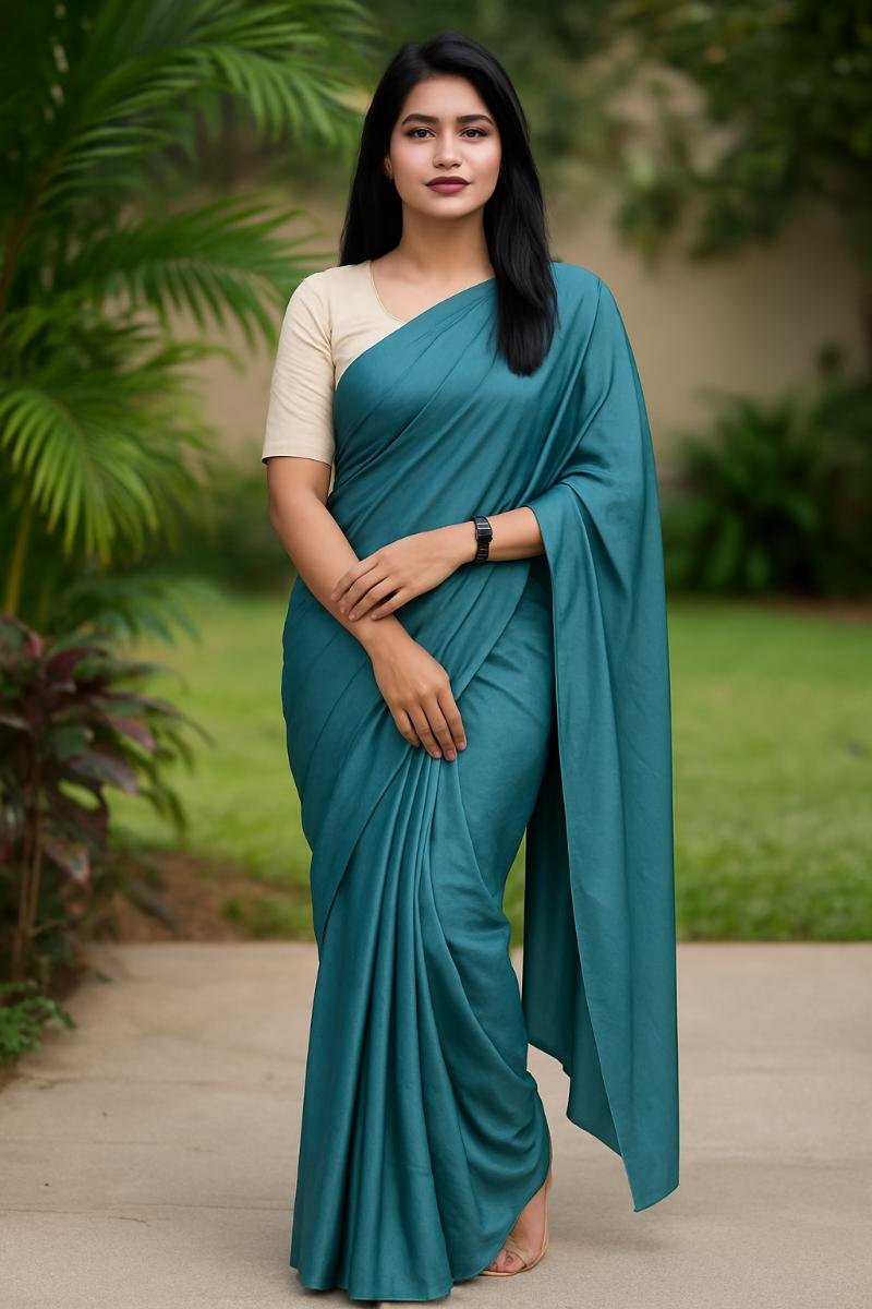 Mull Mull Cotton Saree - Teal Solid Plain Lightweight (Front View) | BagruPrintCrafts