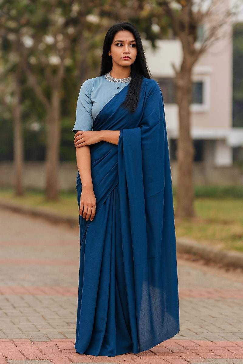 Saree Mulmul Cotton - Navy Blue Solid Plain Soft Feel (Front View) | BagruPrintCrafts