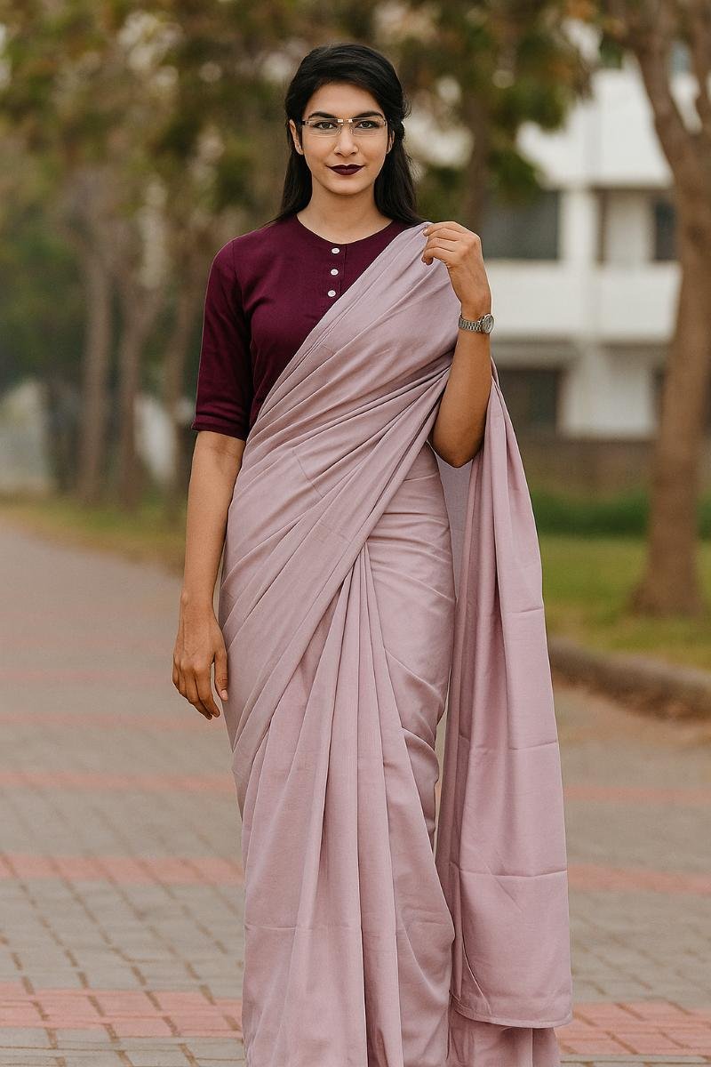 Cotton Mul Mul Sarees - Mauve Solid Plain Lightweight (Front View) | BagruPrintCrafts