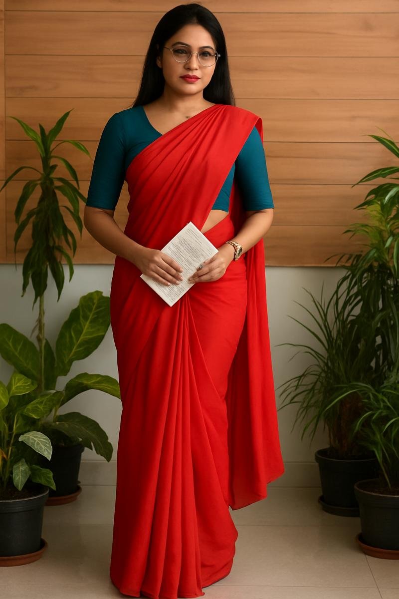 Mulmul Printed Saree - Red Solid Plain Soft Feel (Front View) | BagruPrintCrafts