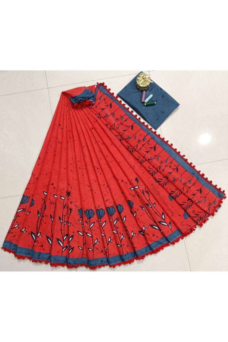 Mulmul Cotton Sarees With Pom Pom - Red Floral Print (Front View) | BagruPrintCrafts