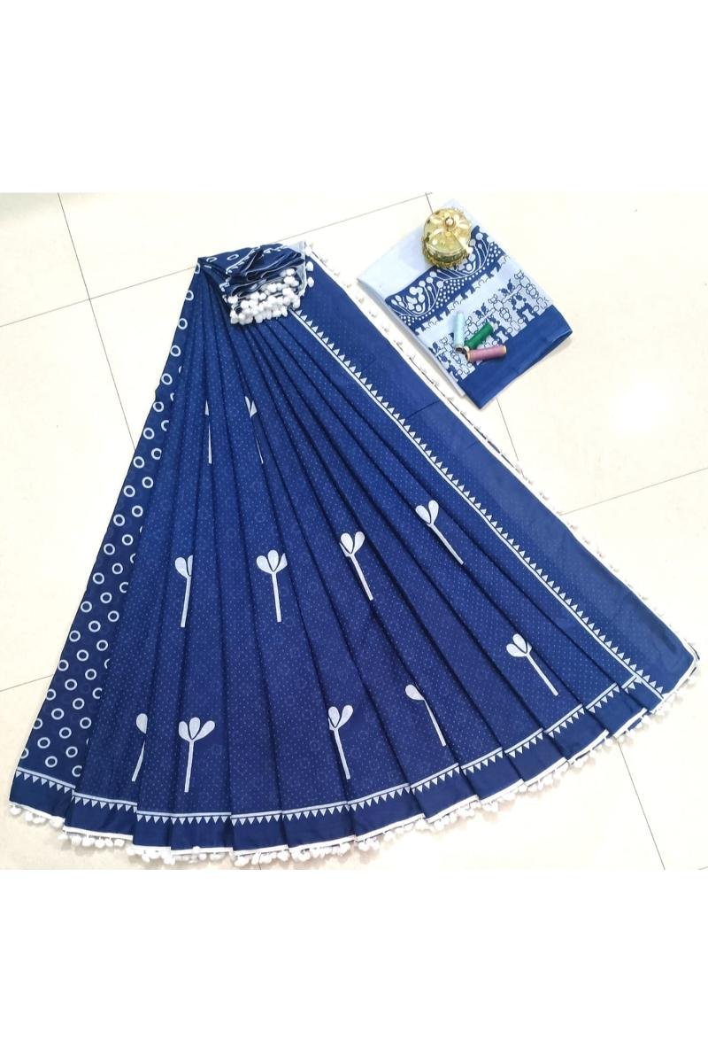 Pompom Saree Border - Navy Blue Floral Print Pompom Lace (Front View) | BagruPrintCrafts