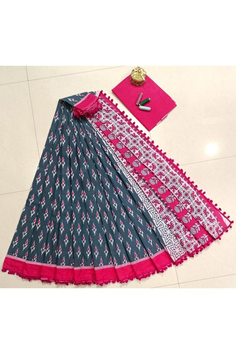 Mulmul Saree With Pompom - Grey Ikkat Print Pompom Lace (Front View) | BagruPrintCrafts