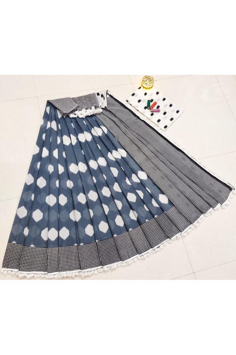 Mulmul Printed Saree - Grey Polka Dots Pompom Lace (Front View) | BagruPrintCrafts