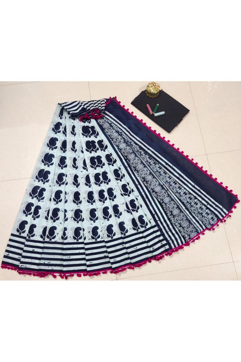 Mul Cotton - White Leaf Print Pompom Lace (Front View) | BagruPrintCrafts