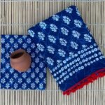 Malmal Cotton Sarees - Indigo Floral Print Pompom Lace (Front View) | BagruPrintCrafts