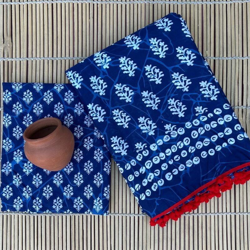 Malmal Cotton Sarees - Indigo Floral Print Pompom Lace (Front View) | BagruPrintCrafts