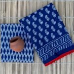 Pure Mul Mul Cotton Sarees - Indigo Leaf Print Pompom Lace (Front View) | BagruPrintCrafts