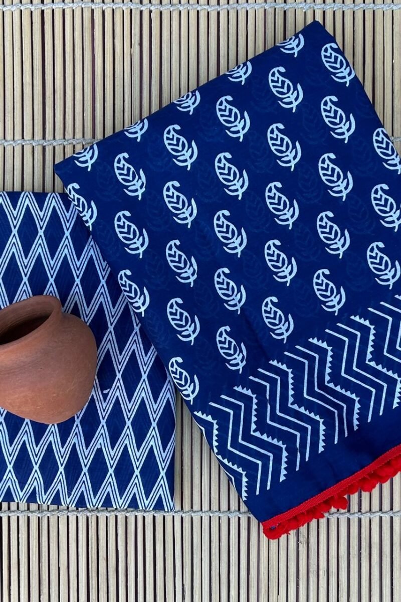 Pure Mul Mul Cotton Sarees - Indigo Leaf Print Pompom Lace (Front View) | BagruPrintCrafts