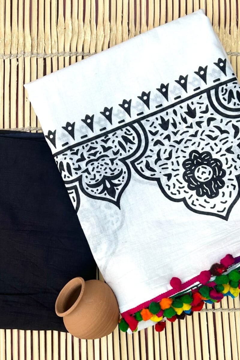 Malmal Saree - White Mandala Print Pompom Lace (Front View) | BagruPrintCrafts