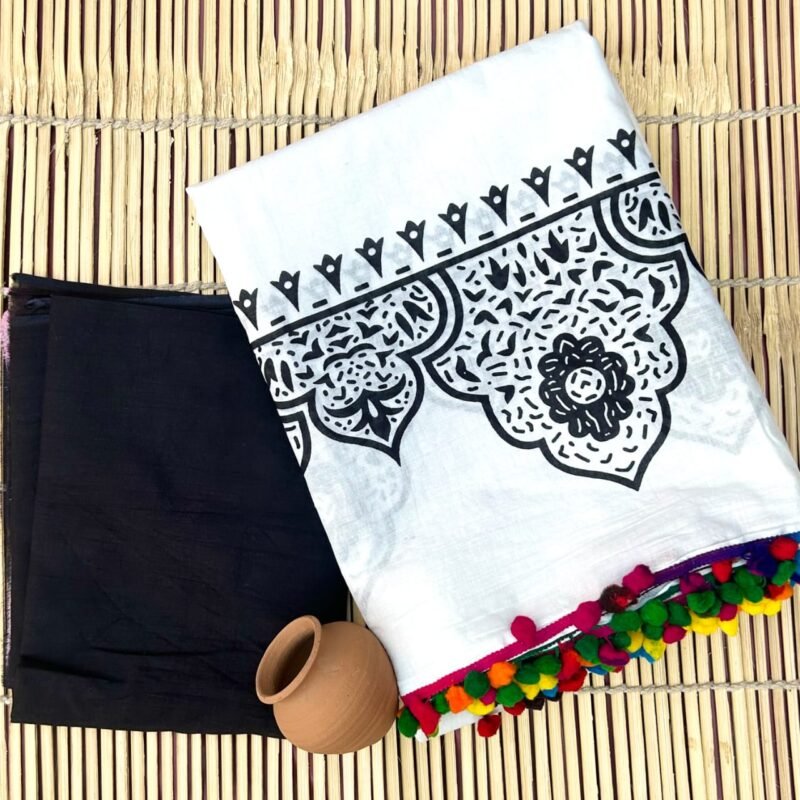 Malmal Saree - White Mandala Print Pompom Lace (Front View) | BagruPrintCrafts