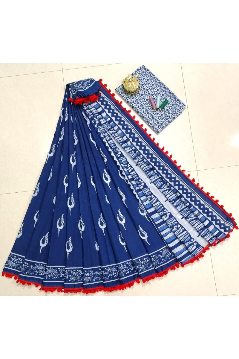 Pom Pom Saree - Navy Blue Paisley Print Pompom Lace (Front View) | BagruPrintCrafts