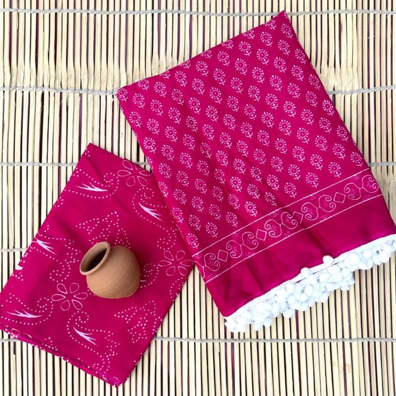 Jaipuri Cotton Mumul Saree - Pink Block Print Pompom Lace (Front View) | BagruPrintCrafts
