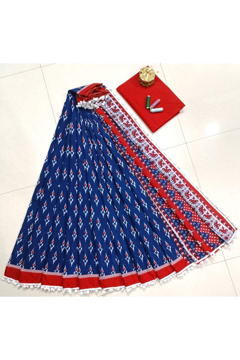 Pom Pom Sarees - Navy Blue Ikkat Print Pompom Lace (Front View) | BagruPrintCrafts