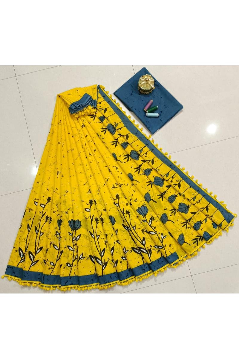 Pompom Saree - Yellow Floral Print Pompom Lace (Front View) | BagruPrintCrafts