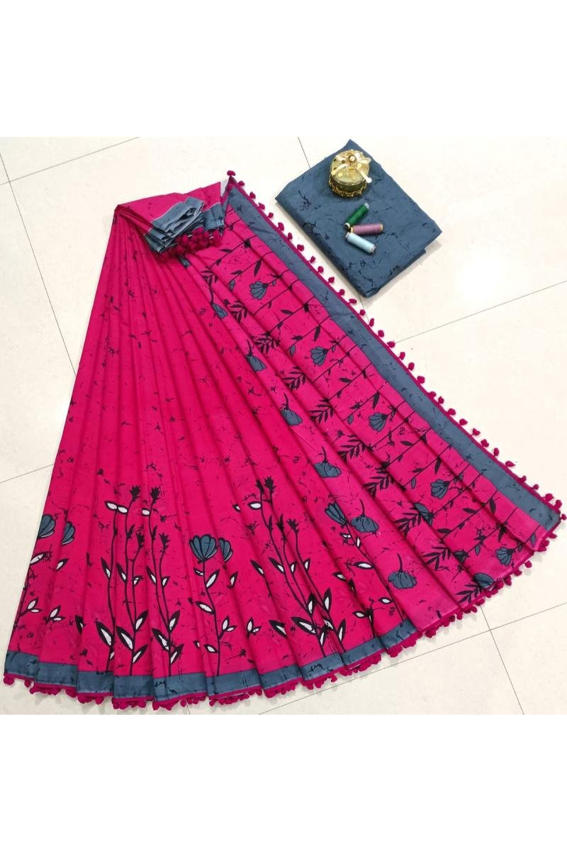 Mulmul Cotton Saree With Pom Pom - Pink Floral Print (Front View) | BagruPrintCrafts