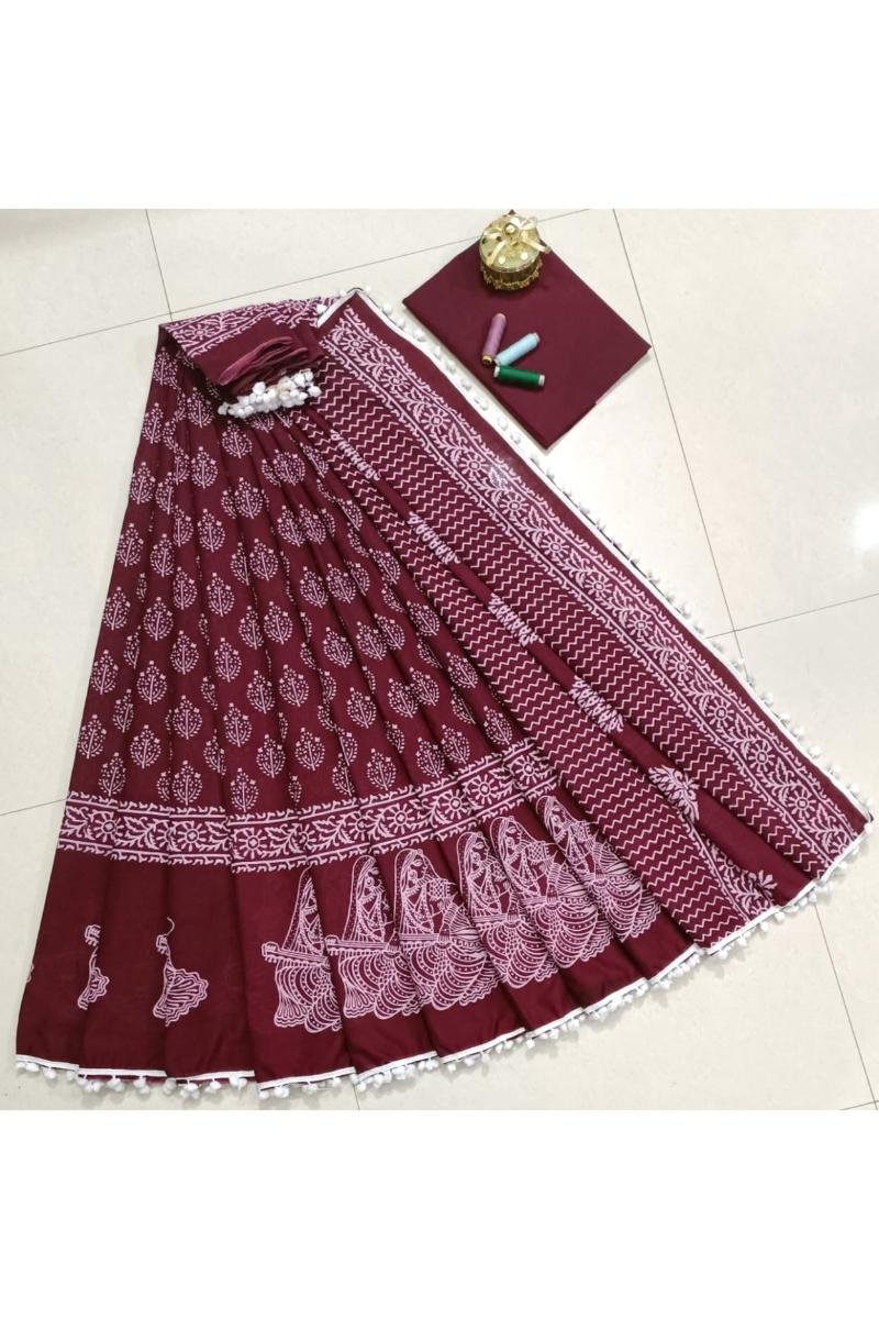 Pom Pom Border Saree - Maroon Block Print Pompom Lace (Front View) | BagruPrintCrafts