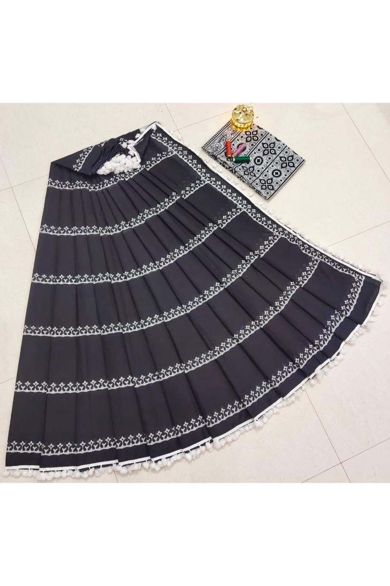 Pompom Lace Saree - Black Block Print Pompom Lace (Front View) | BagruPrintCrafts