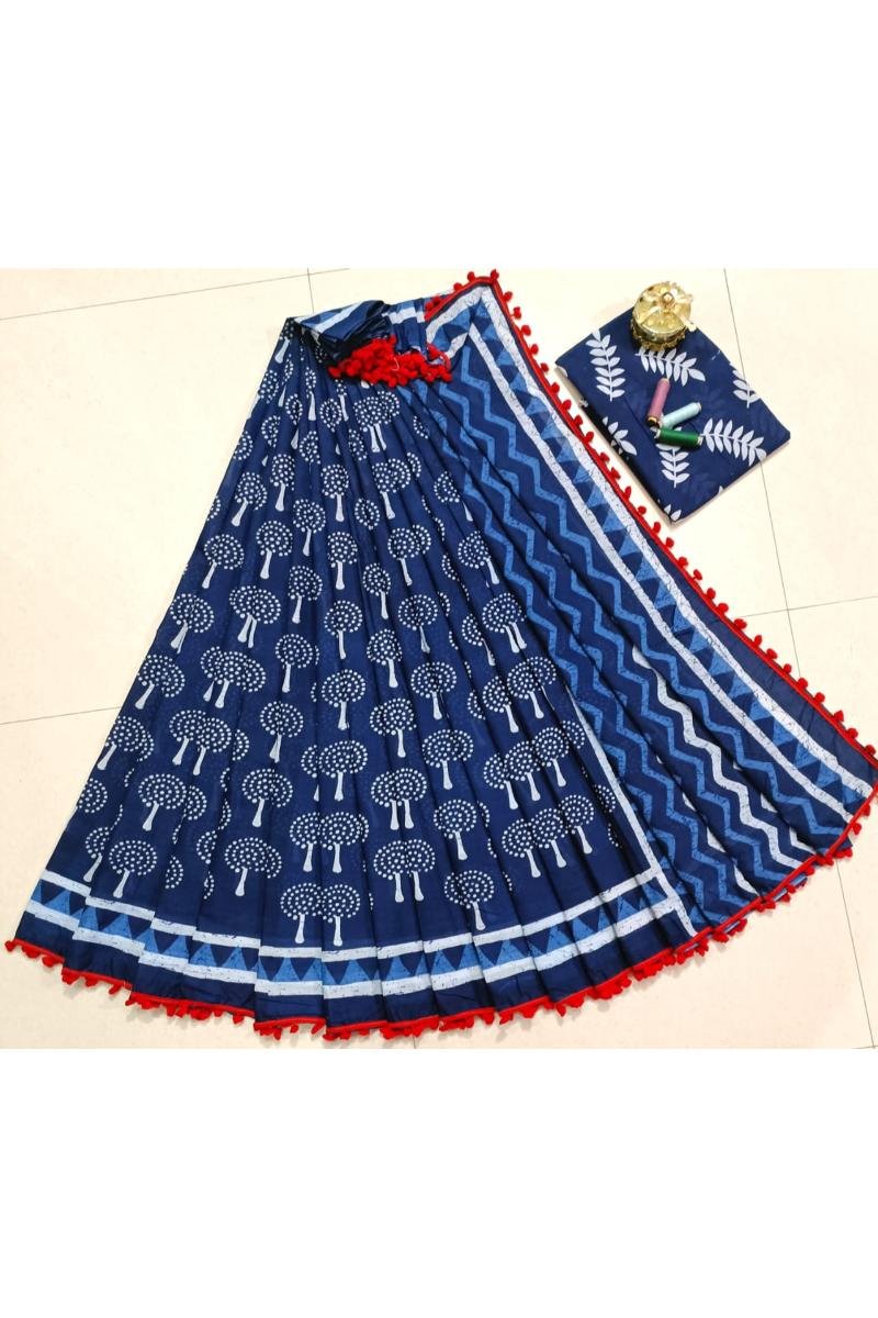 Saree With Pom Pom - Navy Blue Tree Print Pompom Lace (Front View) | BagruPrintCrafts