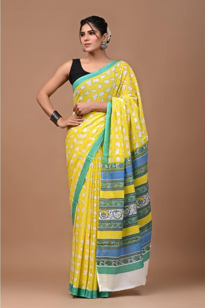 Jaipur Cotton Sarees - Yellow Teal Elephant Print Breathable (Front View) | BagruPrintCrafts