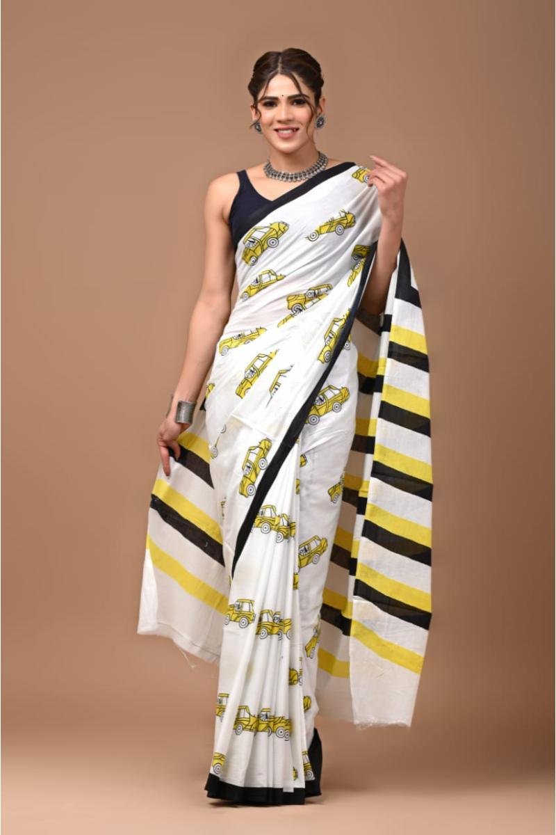 Mulmul Jaipur - White Yellow Auto Print Lightweight (Front View) | BagruPrintCrafts