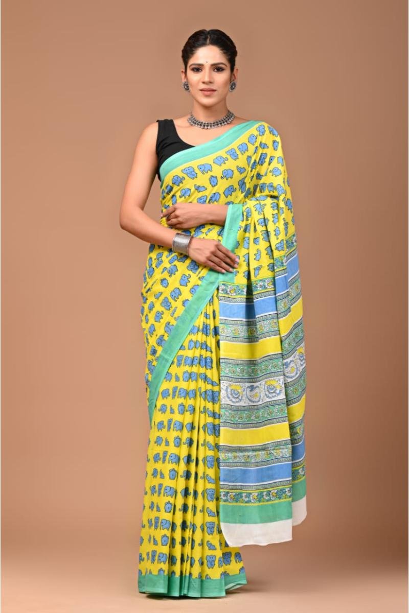Cotton Sarees In Jaipur - Yellow Blue Elephant Print Breathable (Front View) | BagruPrintCrafts