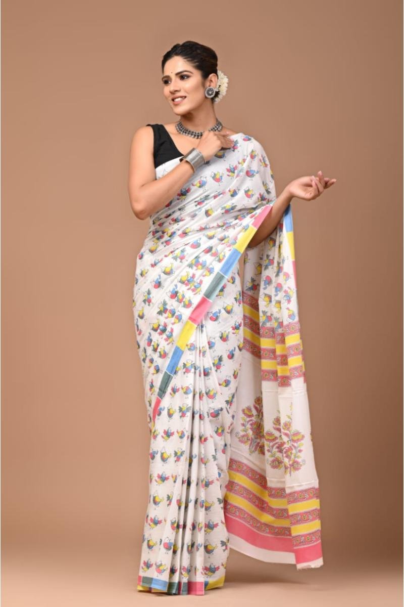 Quirky Cototon Mulmul Saree - White Multi Quirky Print (Front View) | BagruPrintCrafts