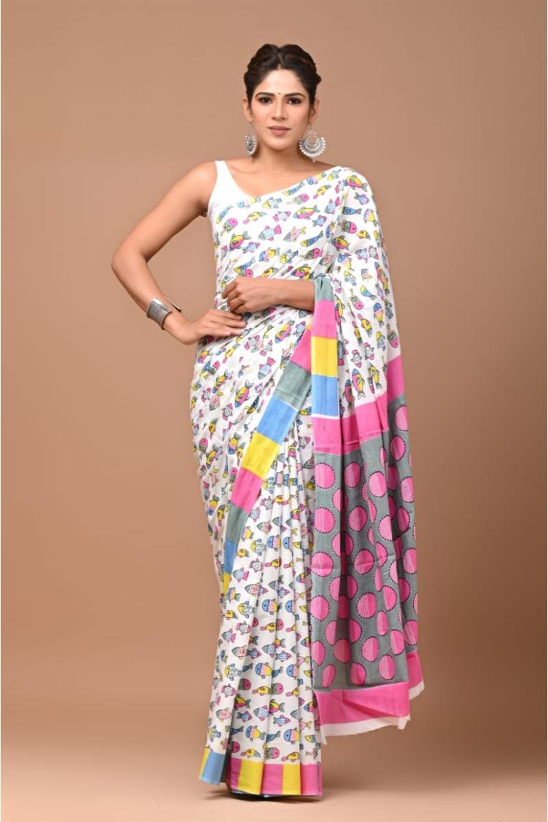 Latest Mulmul Cotton Sarees - White Multi Fish Print Lightweight (Front View) | BagruPrintCrafts