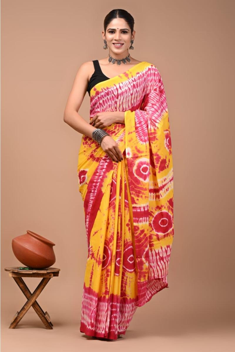 Pure Mul Cotton Sarees - Yellow Red Tie-Dye Print Vibrant Look (Front View) | BagruPrintCrafts