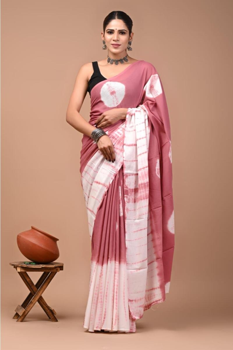 Tie Dye Mulmul Saree - Dusty Pink Tie-Dye Print Soft Feel (Front View) | BagruPrintCrafts