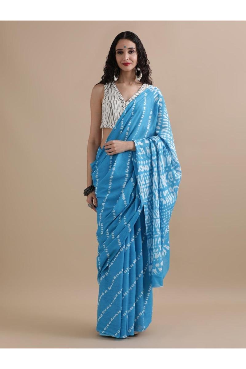Mulmul Soft Cotton Sarees - Sky Blue Tie-Dye Print Breathable (Front View) | BagruPrintCrafts