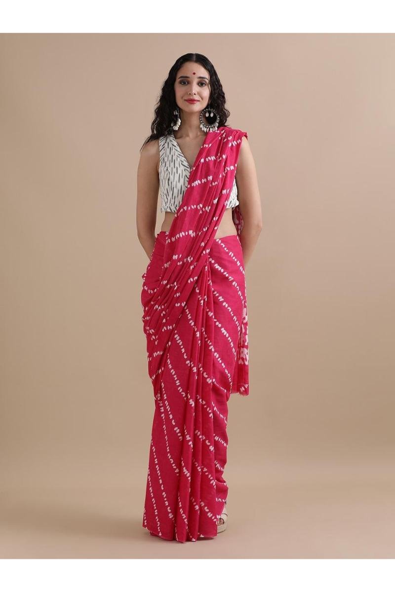 Cotton Mul Sarees - Deep Pink Tie-Dye Print Vibrant Look (Front View) | BagruPrintCrafts