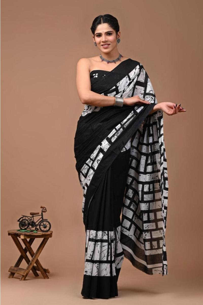 Black Mulmul Saree - Black White Batik Print Bold Look (Front View) | BagruPrintCrafts