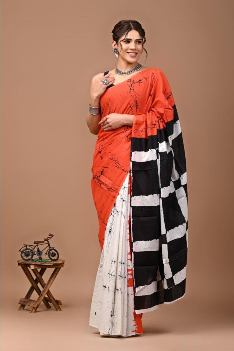 Hand Block Cotton Sarees - Orange Black Batik Print Bold Look (Front View) | BagruPrintCrafts