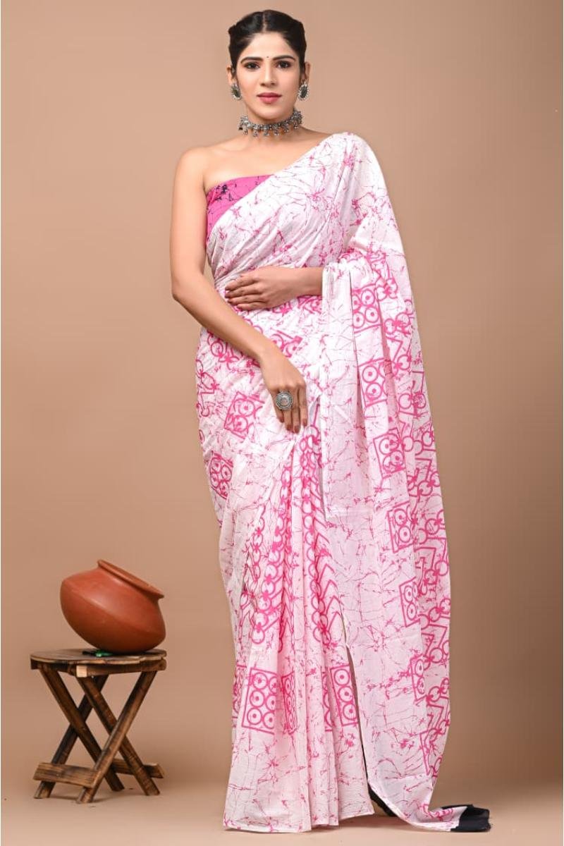 Batik Cotton Mulmul Saree - White Pink Batik Print Lightweight (Front View) | BagruPrintCrafts