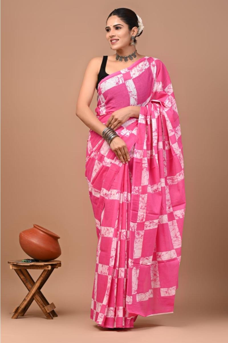Batik Cotton Mulmul Saree - Pink White Batik Print Soft Feel (Front View) | BagruPrintCrafts